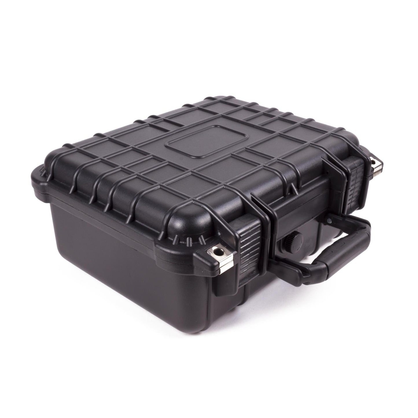 Geschlossener schwarzer Werkzeugkoffer mit Griff, Verriegelungen und strukturiertem Deckel.