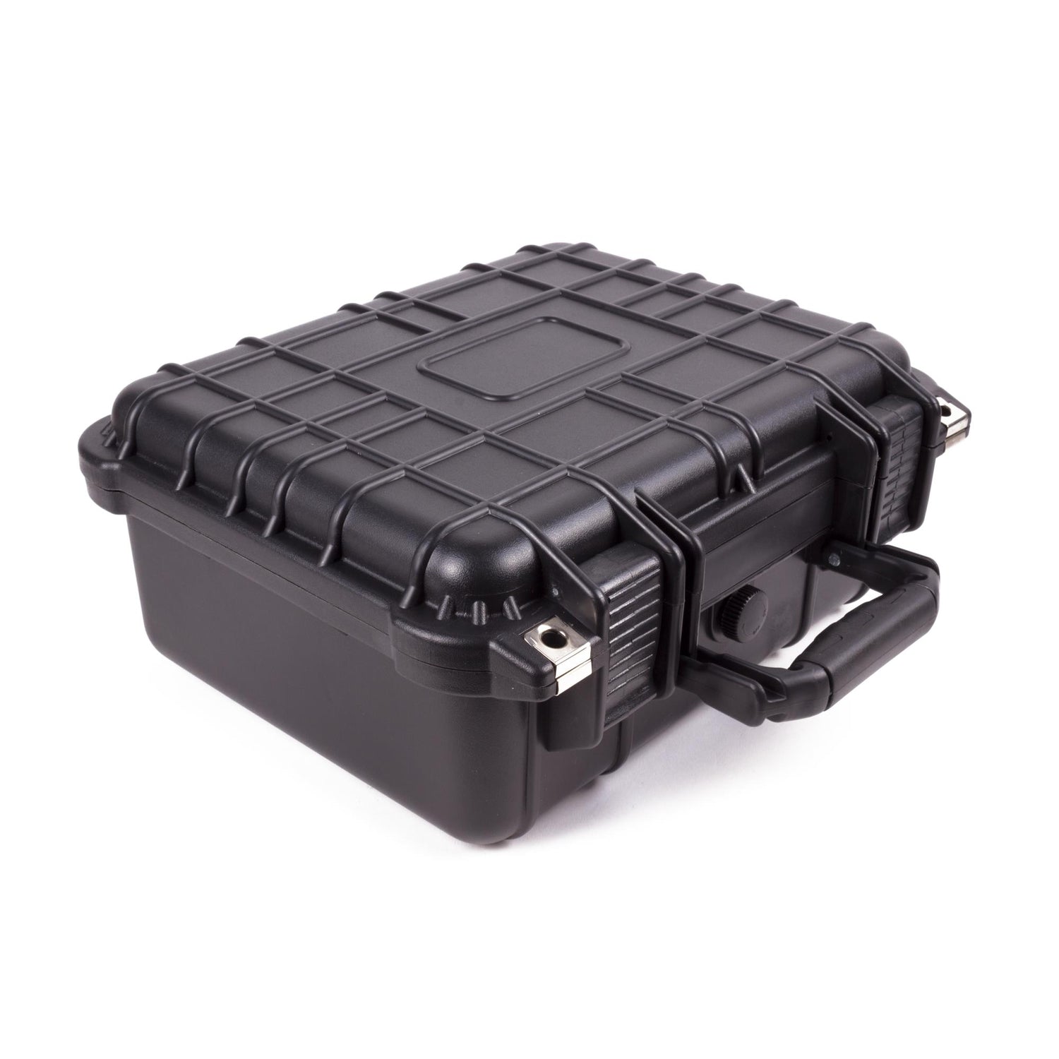 Geschlossener schwarzer Werkzeugkoffer mit Griff, Verriegelungen und strukturiertem Deckel.