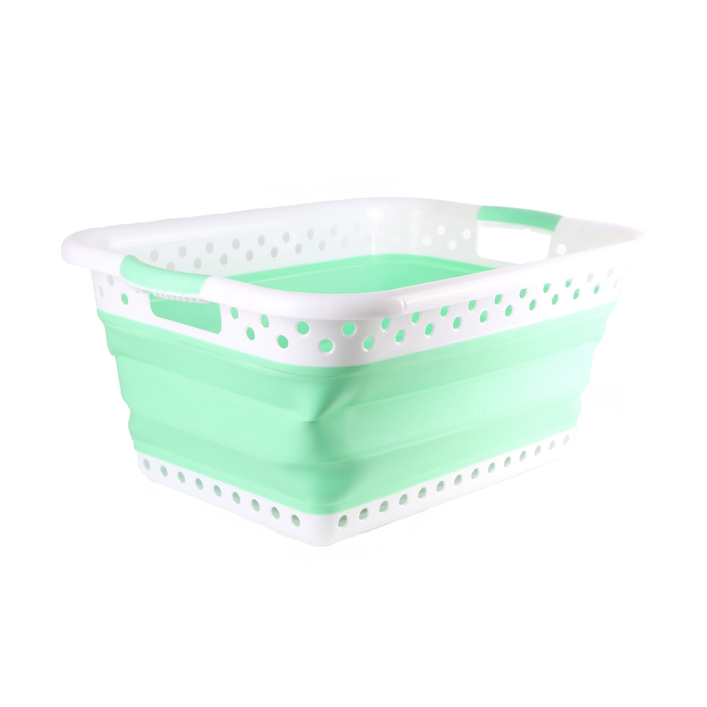 Rechteckiger, zusammenklappbarer Wäschekorb in Weiß und Mintgrün mit seitlichen Grifföffnungen und Lochmuster am oberen Rand, im aufgeklappten Zustand.