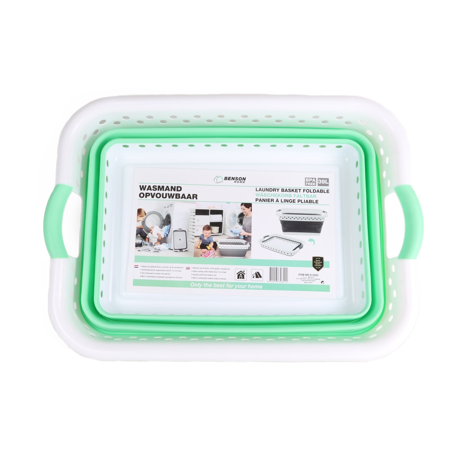 Zusammengeklappter Wäschekorb in Weiß und Mintgrün, von oben gezeigt, mit sichtbarem Produktetikett und Abbildungen zur Anwendung.