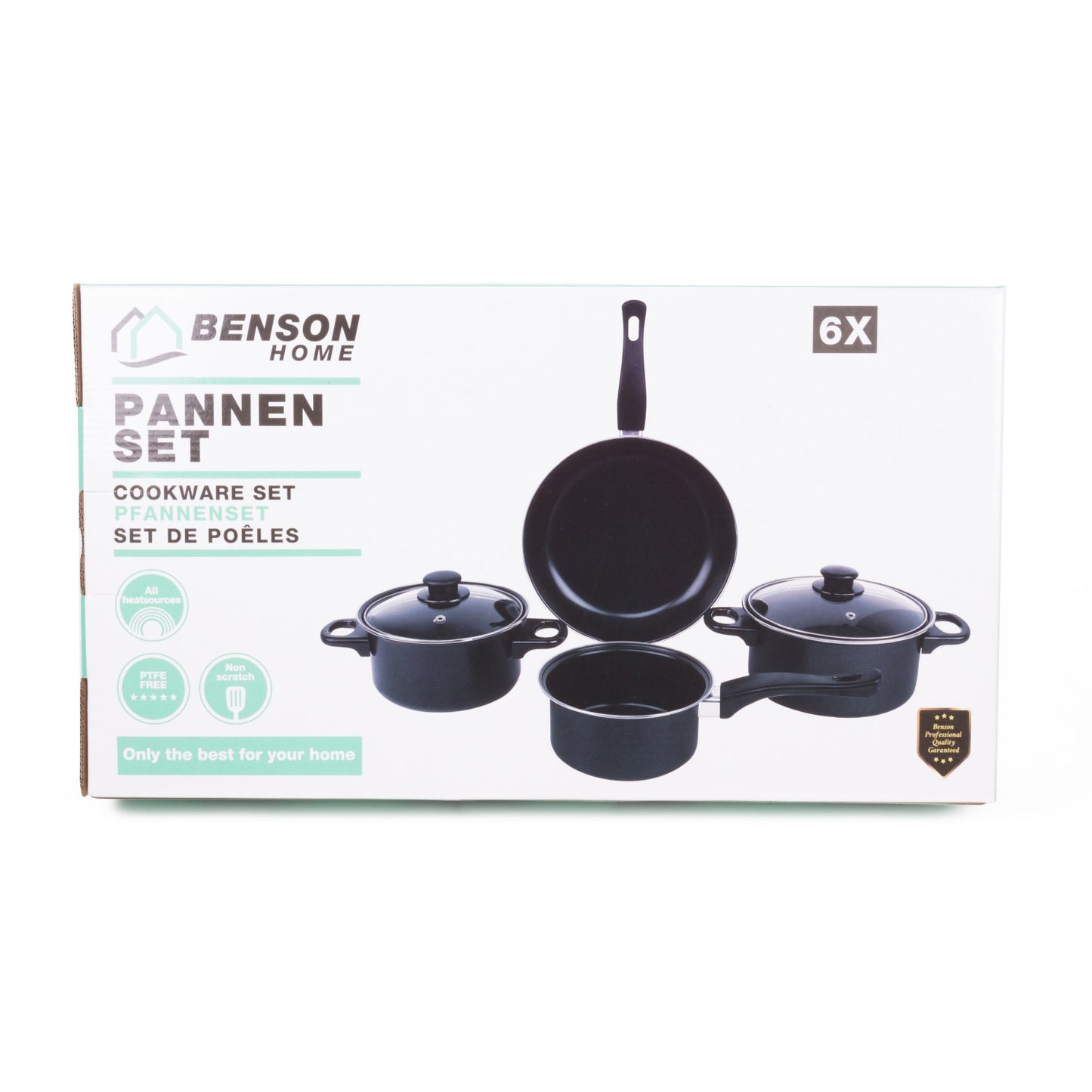 Vorderseite der Produktverpackung mit dem Aufdruck „Benson Home Pfannenset – 6-teilig“ und Abbildungen der enthaltenen Kochgeschirrteile.