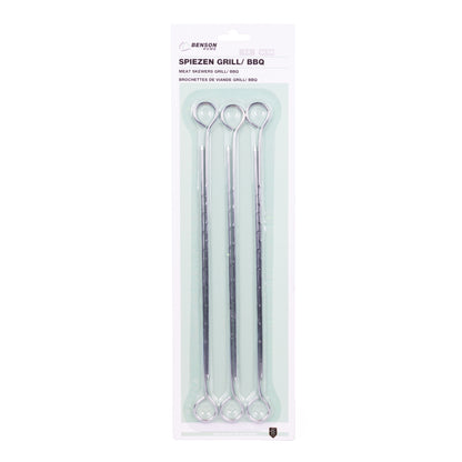 Verpackung mit sechs silberfarbenen Metallspießen. Aufdruck oben: „Benson Home Spießen Grill/BBQ – Meat Skewers Grill/BBQ“. Die Spieße sind in Blisterverpackung zu je drei Stück nebeneinander sichtbar.
