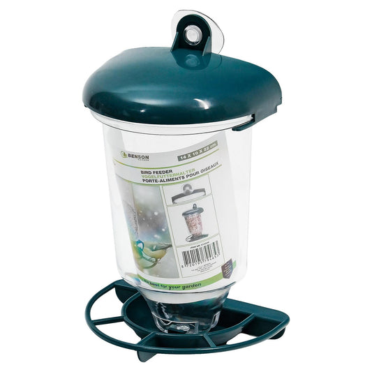 Blauer Vogelfutterspender aus transparentem Kunststoff mit dunkelblauem Deckel und integriertem Aufhänger, unten mit ringförmiger Futter- und Sitzplattform, freigestellt vor weißem Hintergrund.