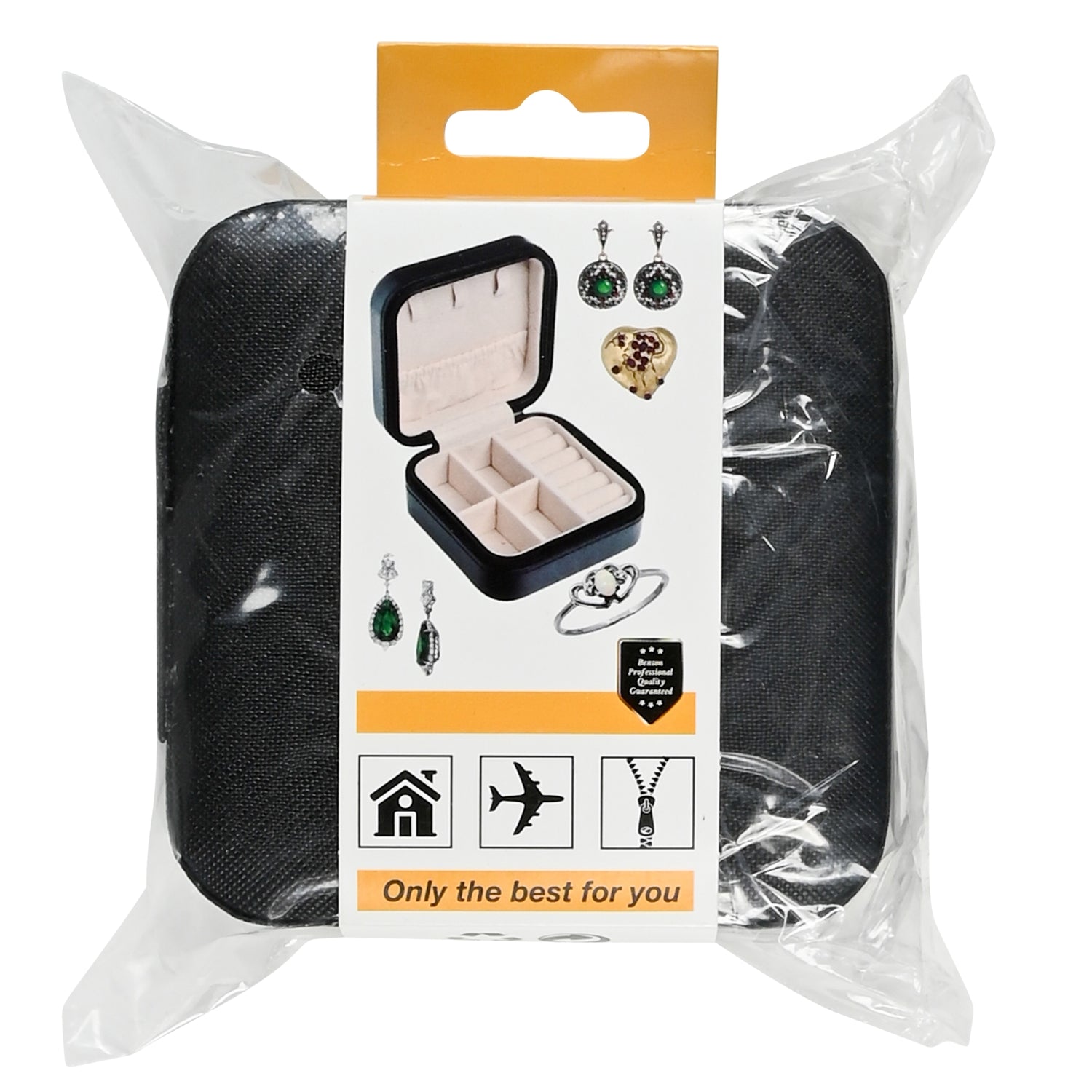 Schwarzes Schmuckkästchen in transparenter Kunststoffverpackung mit Kartoneinleger, der eine Abbildung des geöffneten Kästchens sowie Schmuckillustrationen zeigt.