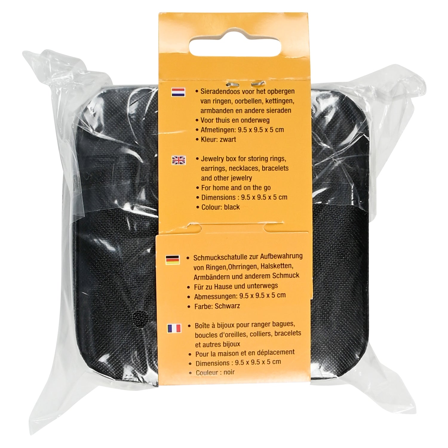 Schwarzes, rechteckiges Schmuckkästchen in transparenter Kunststoffverpackung mit orangefarbenem Kartoneinleger, mittig mit mehrsprachigen Textangaben und Aufhängelasche oben.
