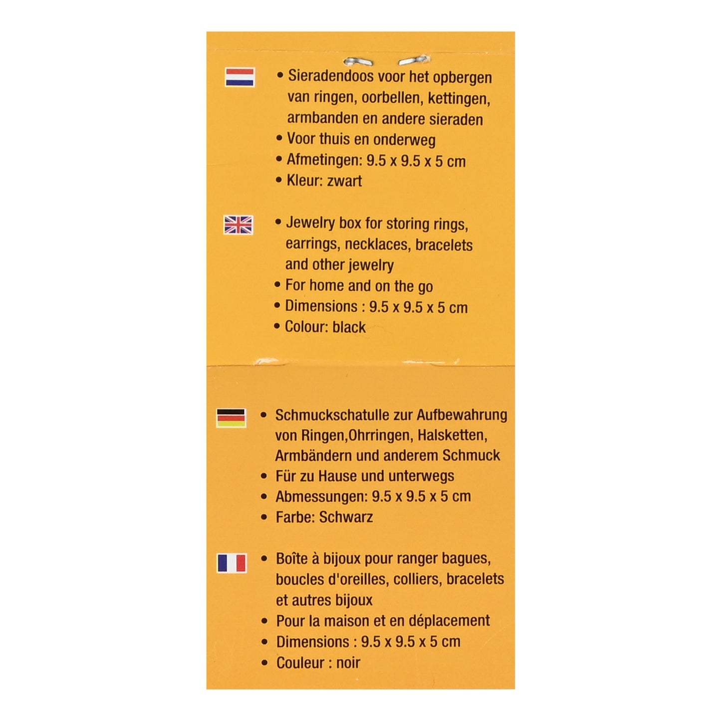 Rückseite eines orangefarbenen Kartoneinlegers mit mehrsprachigen Stichpunkten zu einem Schmuckkästchen, inklusive Abmessungen und Farbangabe, auf weißem Hintergrund.