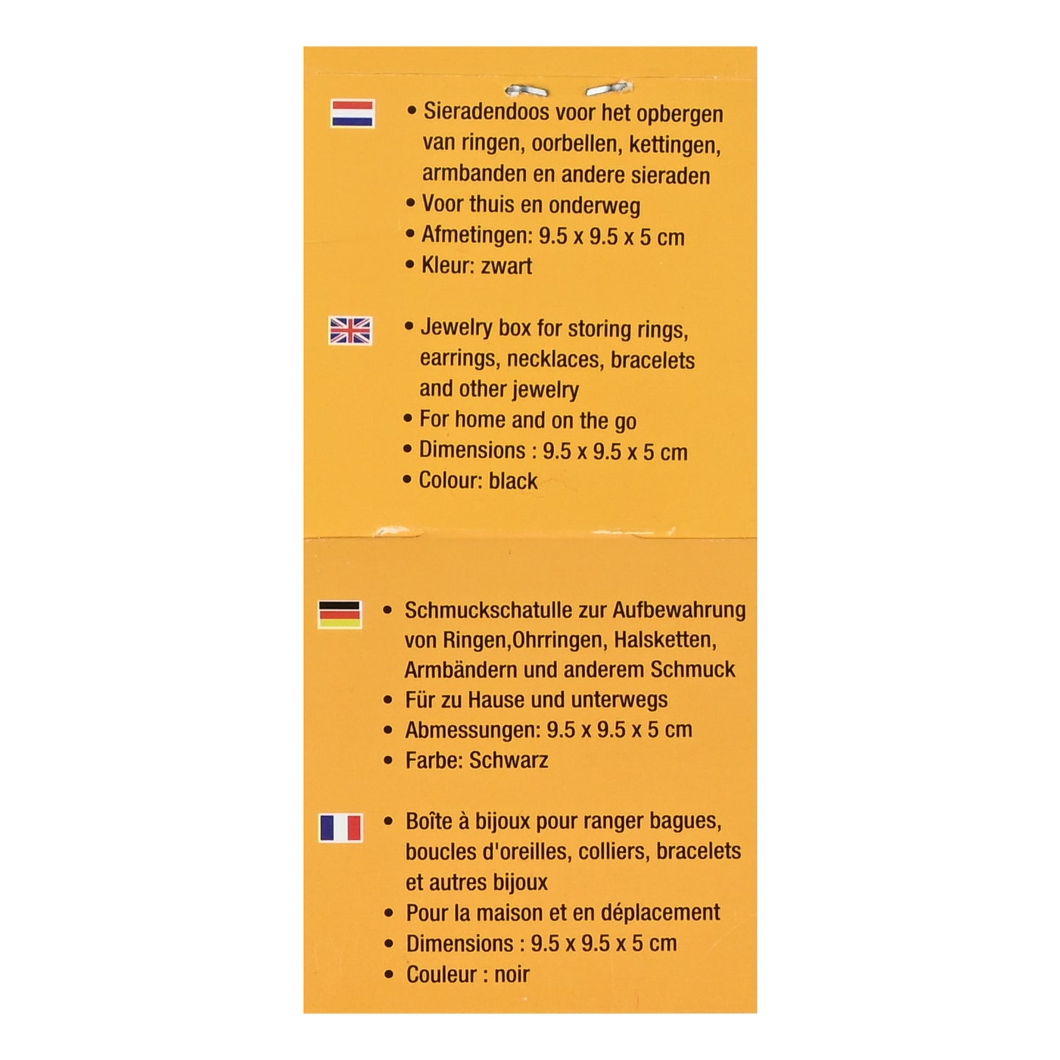 Rückseite eines orangefarbenen Kartoneinlegers mit mehrsprachigen Stichpunkten zu einem Schmuckkästchen, inklusive Abmessungen und Farbangabe, auf weißem Hintergrund.