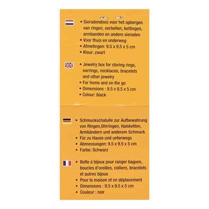 Rückseite eines orangefarbenen Kartoneinlegers mit mehrsprachigen Stichpunkten zu einem Schmuckkästchen, inklusive Abmessungen und Farbangabe, auf weißem Hintergrund.