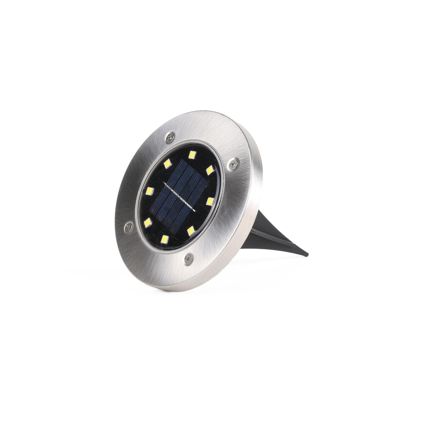 Runde LED-Solarlampe mit Edelstahlgehäuse und acht sichtbaren LEDs um ein zentrales Solarpanel. Die Lampe ist schräg fotografiert und mit einem schwarzen Erdspieß ausgestattet.