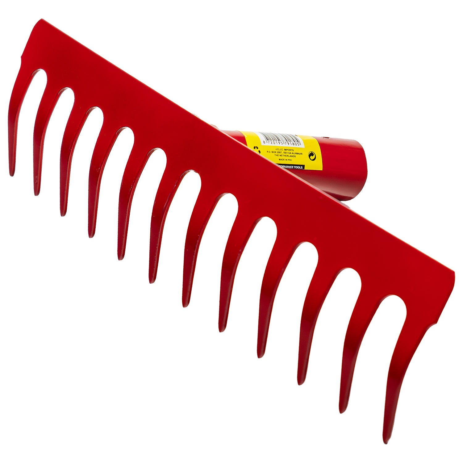 Rote Metallharke mit elf gebogenen Zinken und zylindrischer Aufnahme für einen Stiel, Etikett auf dem Rohr angebracht.