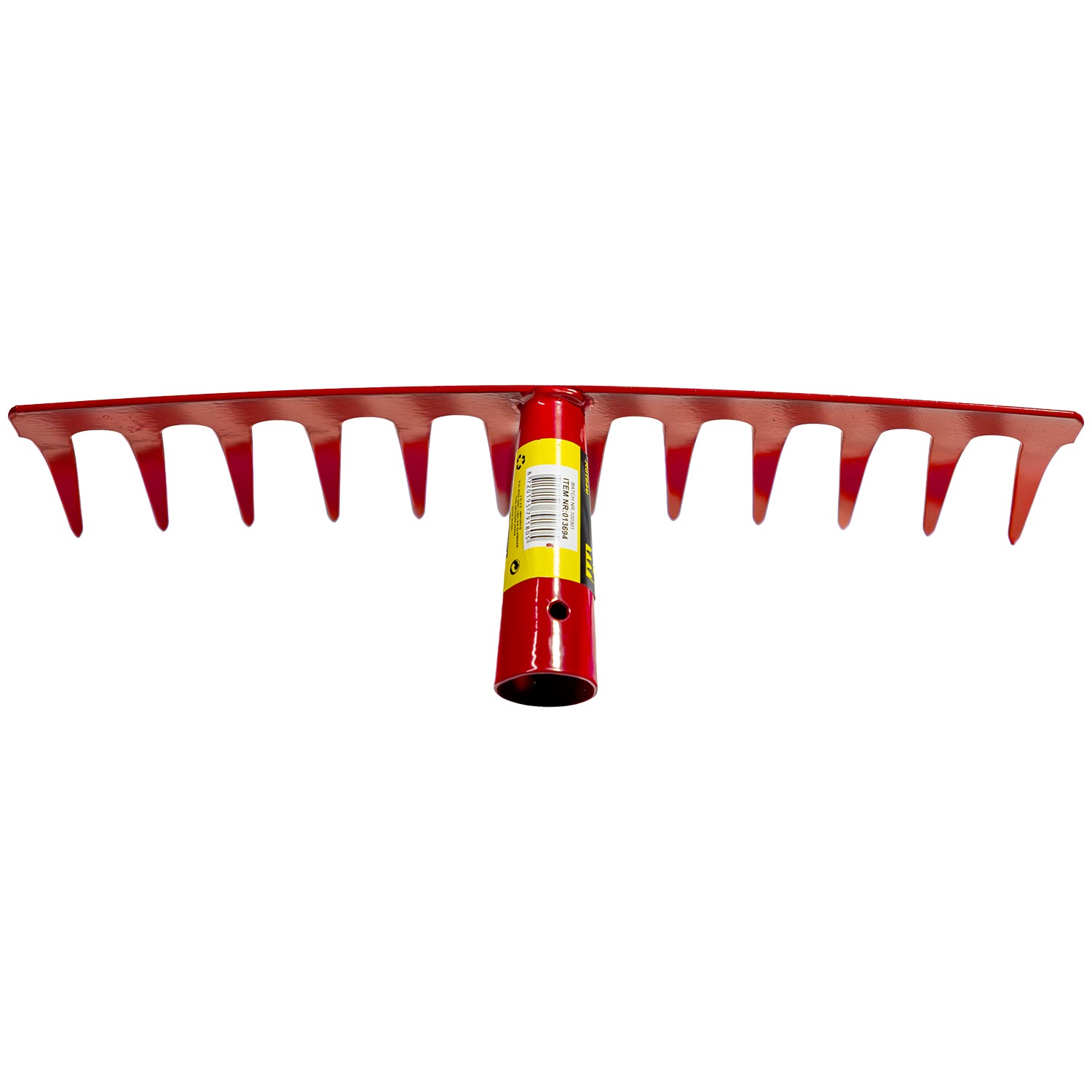 Vorderansicht einer roten Harke mit elf gleichmäßig geformten Zinken und rundem Stielansatz mit gelbem Etikett.