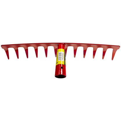 Vorderansicht einer roten Harke mit elf gleichmäßig geformten Zinken und rundem Stielansatz mit gelbem Etikett.