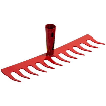 Schräg seitliche Ansicht der roten Metallharke mit offenen Zinken und rundem Stielansatz in der Mitte.