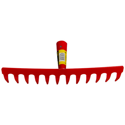 Rückansicht der roten Harke mit elf gebogenen Zinken und zylindrischem Rohransatz für einen Stiel.