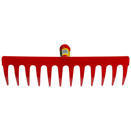 Vorderansicht einer roten Metallharke mit elf gleichmäßigen Zinken und mittig angebrachtem Rohransatz für einen Stiel.