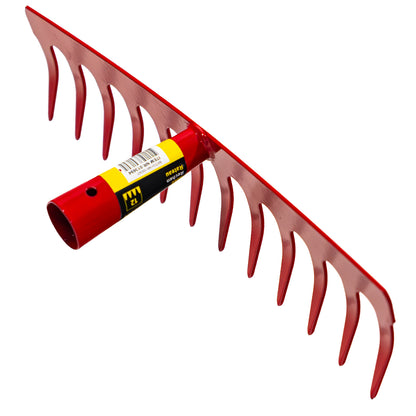 Schräg seitliche Ansicht der roten Harke mit Etikett auf dem zylindrischen Stielansatz und gebogenen Zinken.