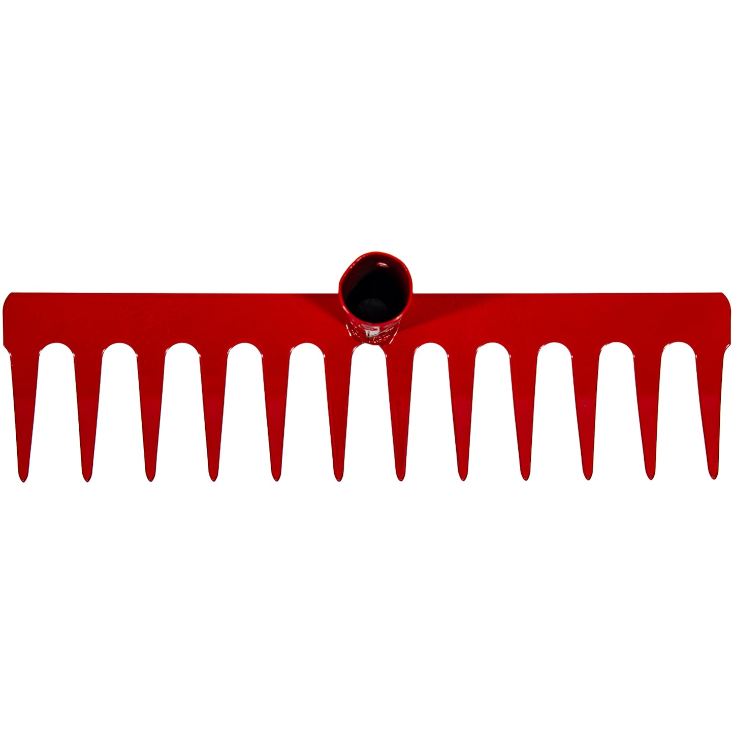 Rückansicht der Harke mit elf spitzen Zinken und zentralem, nach hinten geneigtem Rohransatz.