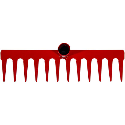 Rückansicht der Harke mit elf spitzen Zinken und zentralem, nach hinten geneigtem Rohransatz.