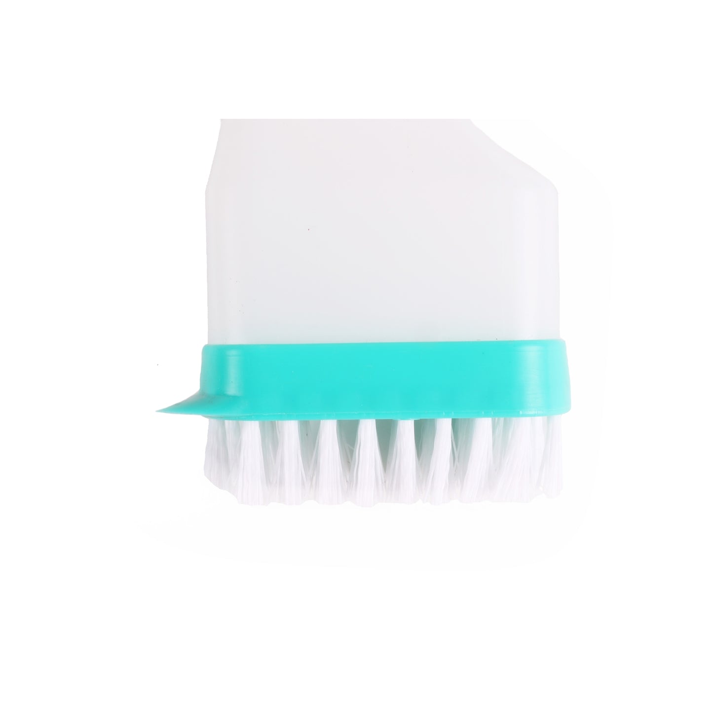 Abnehmbarer Bürstenaufsatz des Fensterwischers mit weißen Borsten und türkisfarbenem Rand, auf weißem Hintergrund.