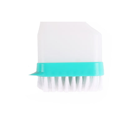 Abnehmbarer Bürstenaufsatz des Fensterwischers mit weißen Borsten und türkisfarbenem Rand, auf weißem Hintergrund.