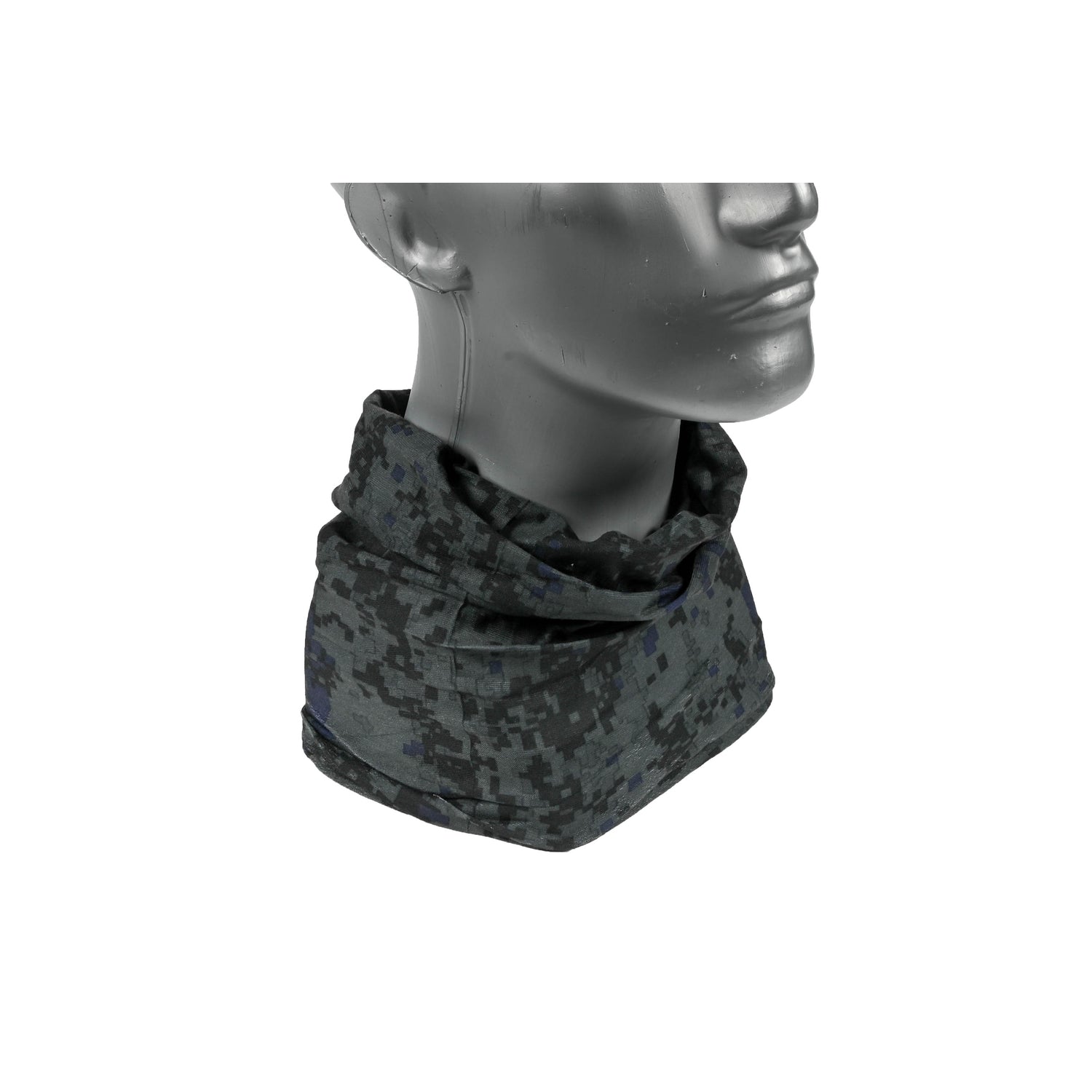 Dunkelgrauer Nackenwärmer mit Digital-Camouflage-Muster, an einer Schaufensterpuppe getragen, locker um den Hals gelegt.