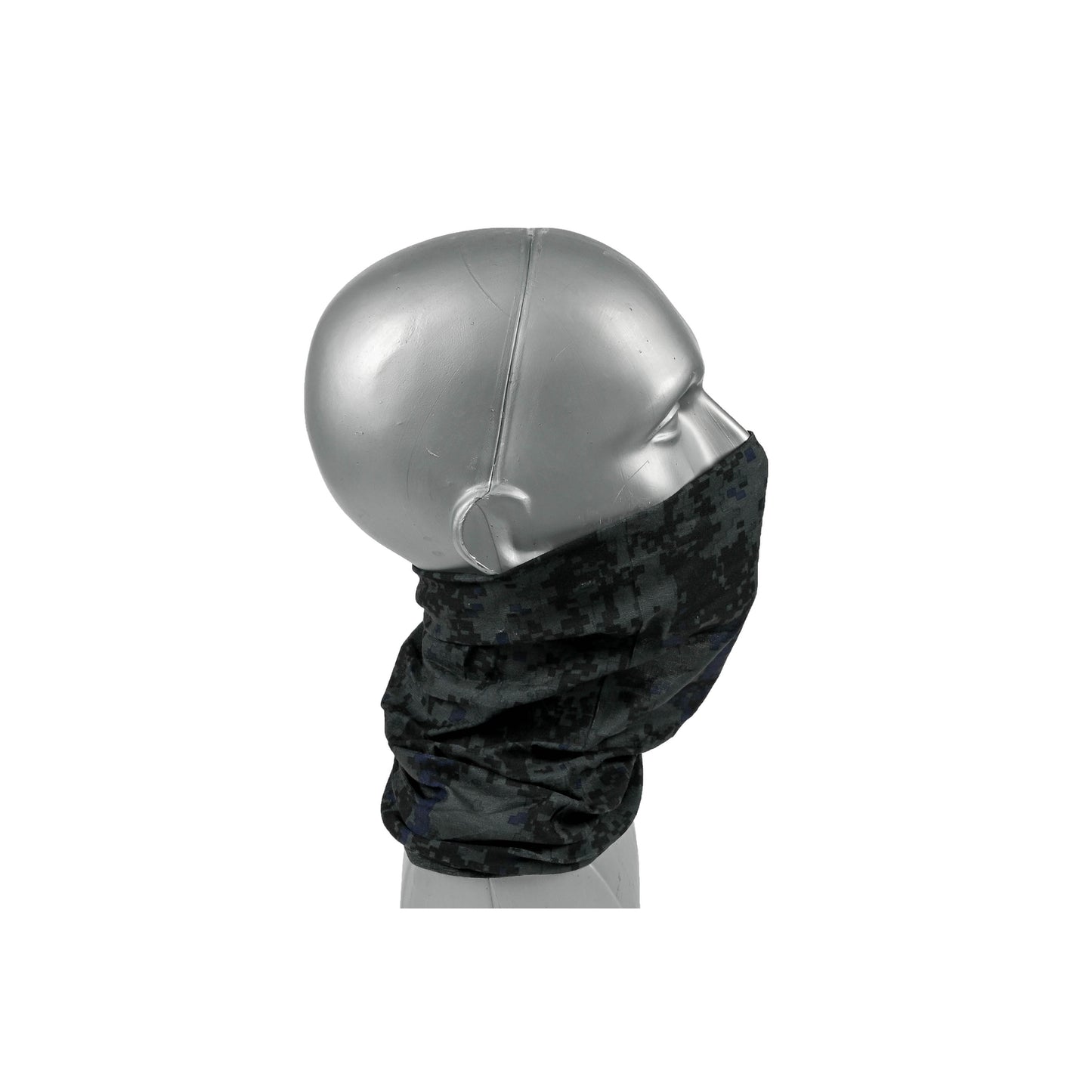 Gleicher Nackenwärmer, hochgezogen über Mund und Nase einer Schaufensterpuppe, Seitenansicht.