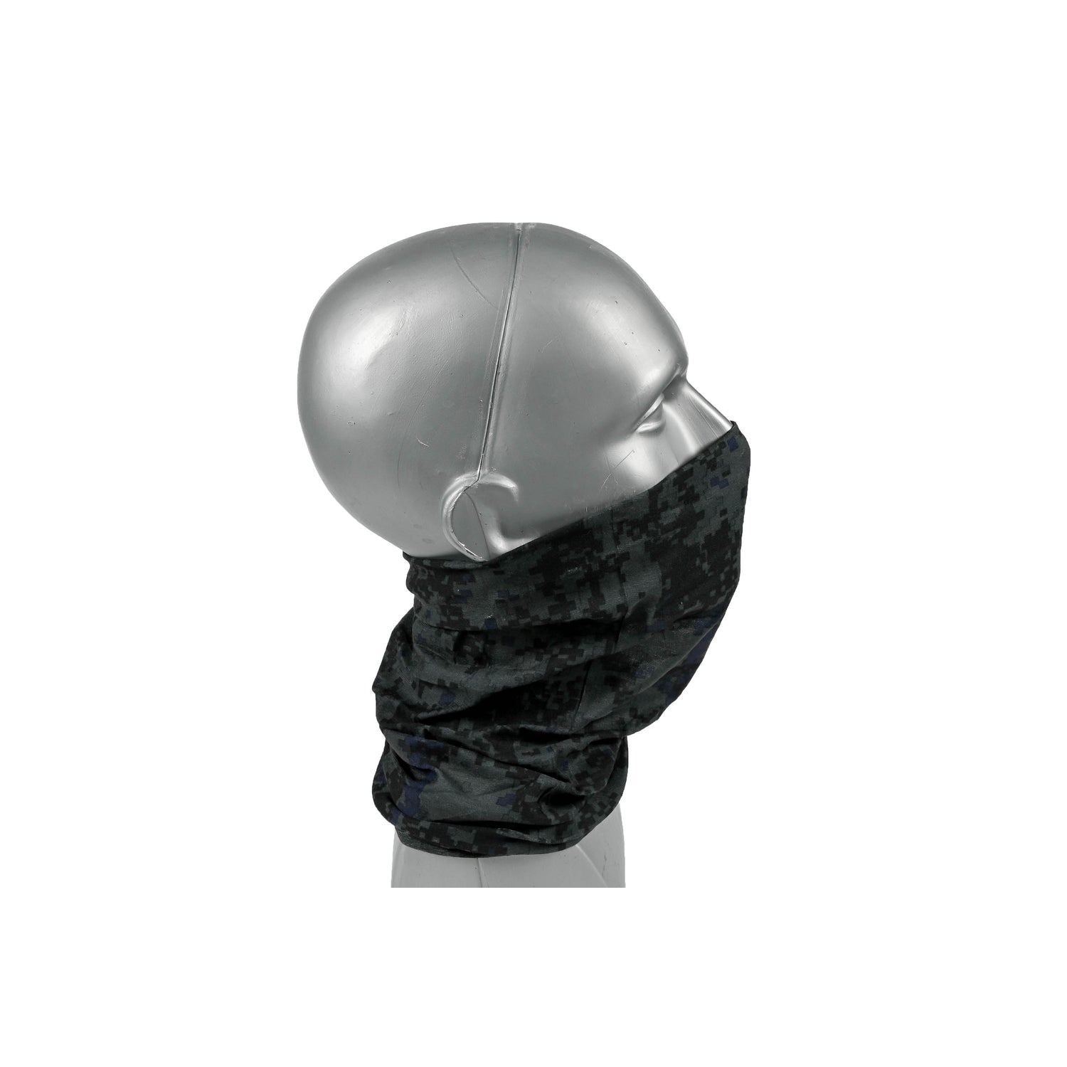 Gleicher Nackenwärmer, hochgezogen über Mund und Nase einer Schaufensterpuppe, Seitenansicht.