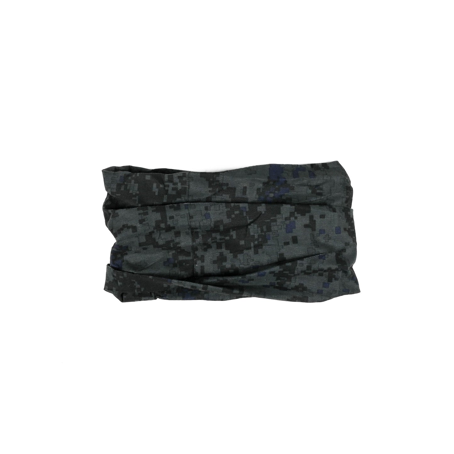 Zusammengelegter Nackenwärmer in grauer Digital-Camouflage-Optik auf weißem Hintergrund.