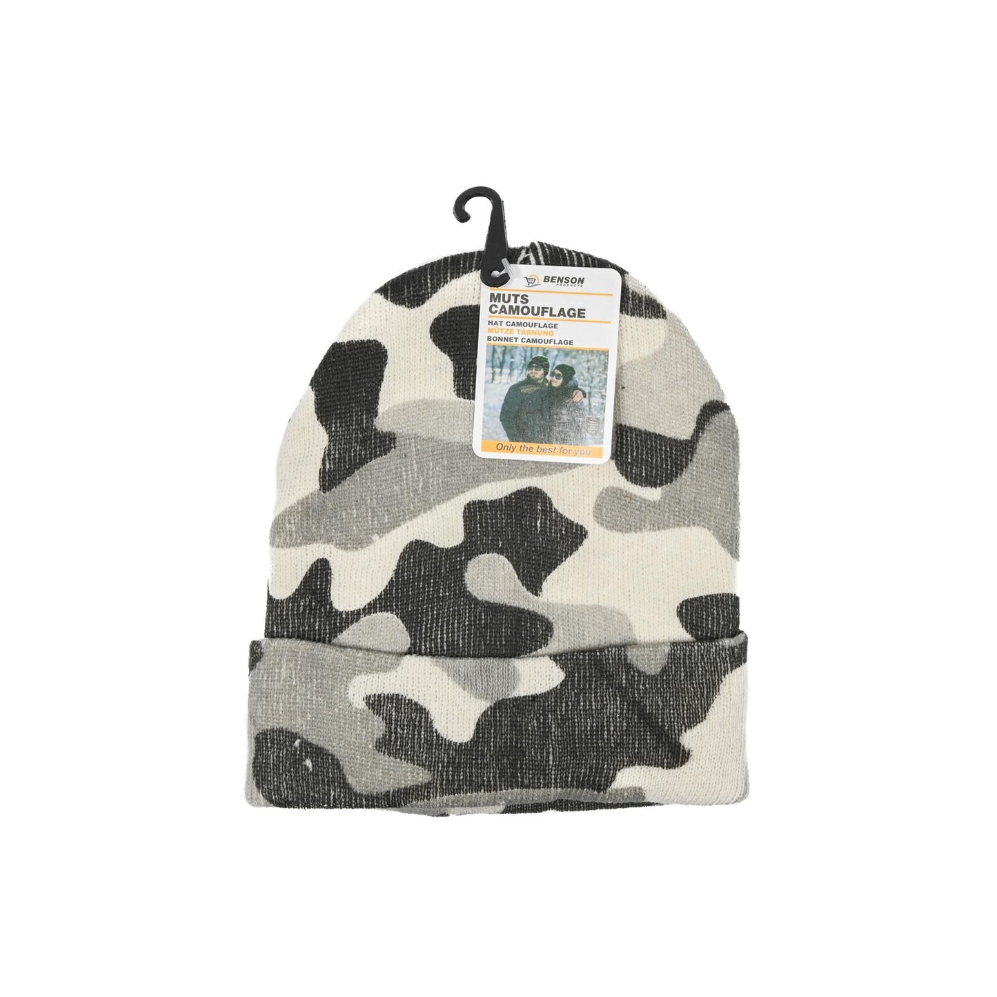 Strickmütze mit Tarnmuster in Schwarz, Grau und Beige, flach liegend mit Produktetikett und Aufhänger oben.