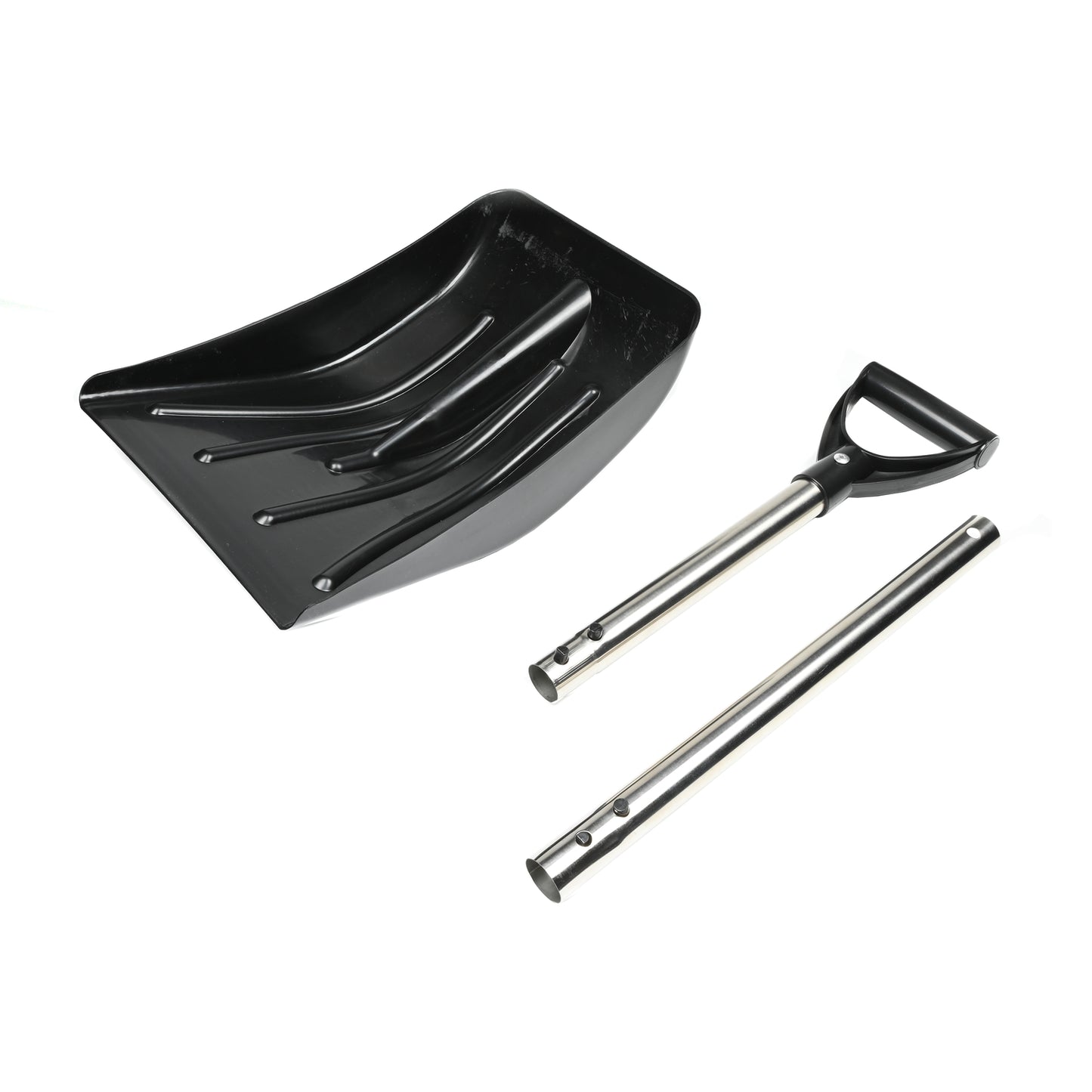 Zerlegte Schneeschaufel bestehend aus schwarzem Schaufelblatt, zweiteiligem Metallstiel und schwarzem Griff, alle Teile nebeneinander angeordnet.