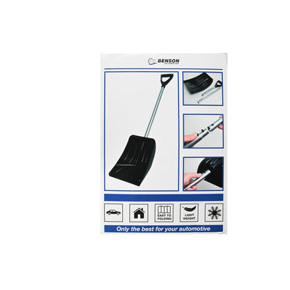 Verpackungsrückseite mit Abbildungen der schwarzen Schneeschaufel, Detailansichten der Steckverbindung und Symbolen für einfache Handhabung und geringes Gewicht.