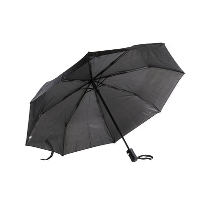 Schwarzer, geöffneter Taschenschirm mit automatischem Mechanismus und Handschlaufe am Griff, auf weißem Hintergrund.