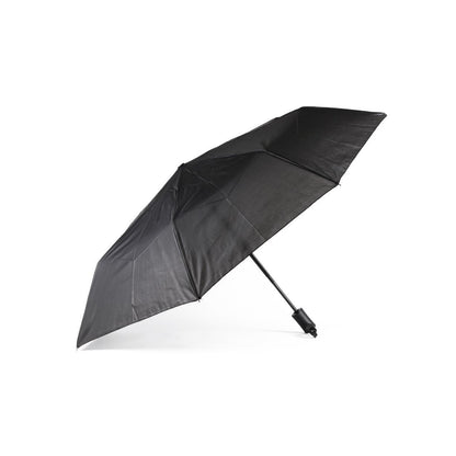 Schwarzer, halb geöffneter Taschenschirm in Seitenansicht mit leicht geneigtem Griff, freigestellt auf weißem Hintergrund.