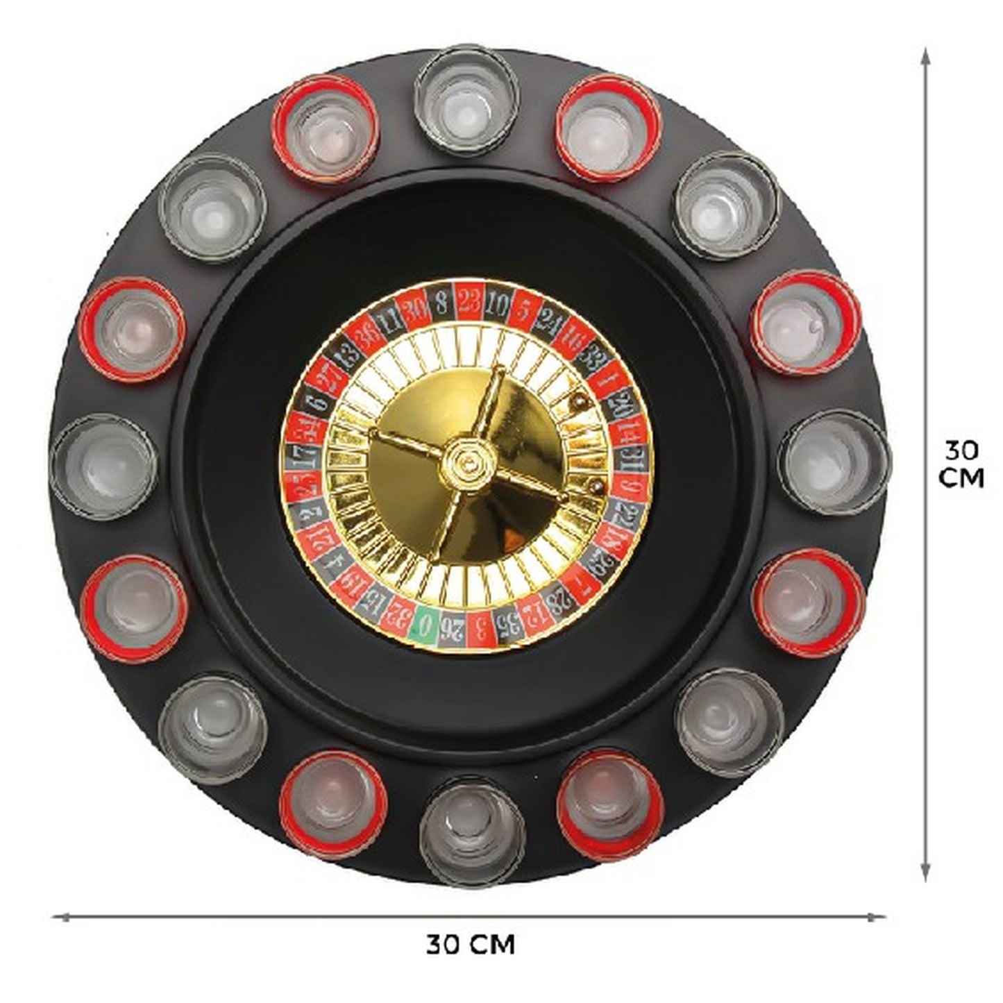 Rundes Trinkspiel mit goldener Roulette-Drehscheibe und 16 nummerierten Gläsern, Draufsicht mit Maßangabe 30 × 30 cm.