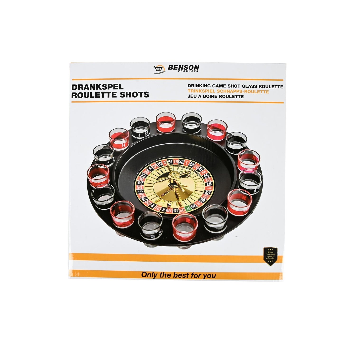 Verpackung des Trinkspiels Schnaps-Roulette mit Abbildung des Spiels auf der Vorderseite und der Aufschrift „Drankspel Roulette Shots“ sowie dem Benson-Logo.
