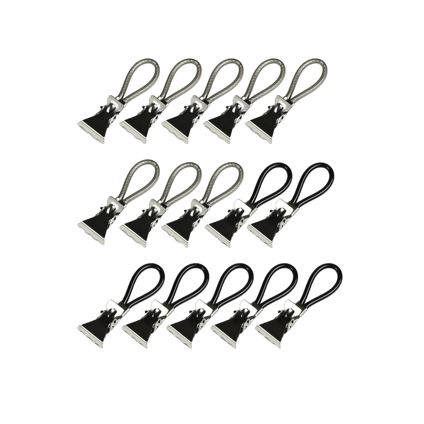 Fünfzehn Handtuchhalter-Clips mit Schlaufe in Schwarz und Grau, in drei Reihen angeordnet auf weißem Hintergrund.