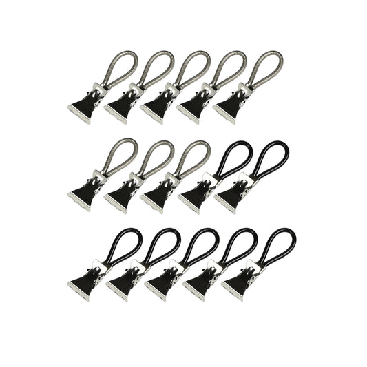 Fünfzehn Handtuchhalter-Clips mit Schlaufe in Schwarz und Grau, in drei Reihen angeordnet auf weißem Hintergrund.