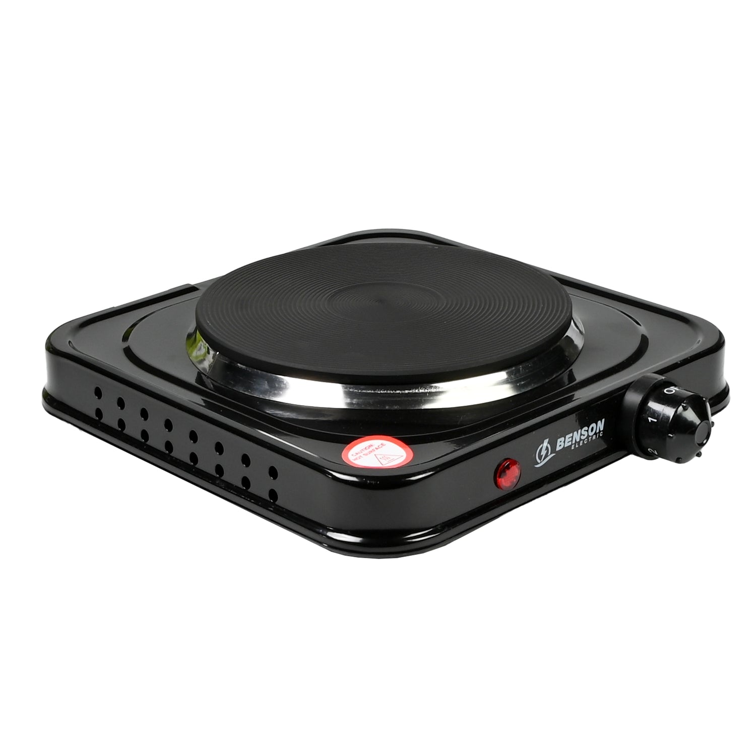 Schwarze elektrische Einzelkochplatte mit rundem Heizfeld, Temperaturregler und Kontrollleuchte auf der Vorderseite.