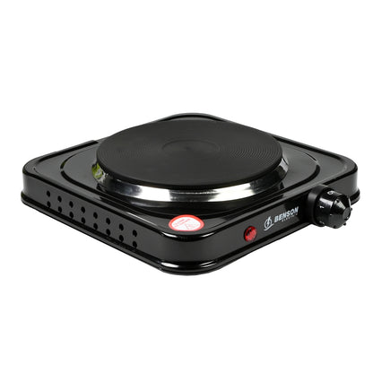 Schwarze elektrische Einzelkochplatte mit rundem Heizfeld, Temperaturregler und Kontrollleuchte auf der Vorderseite.