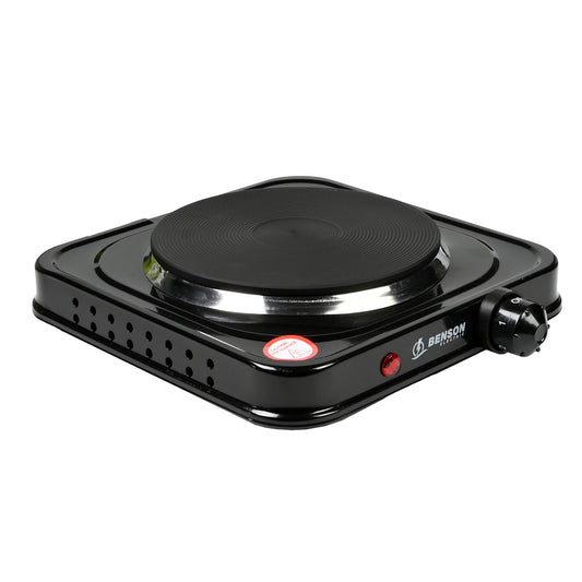 Schwarze elektrische Einzelkochplatte mit rundem Heizfeld, Temperaturregler und Kontrollleuchte auf der Vorderseite.