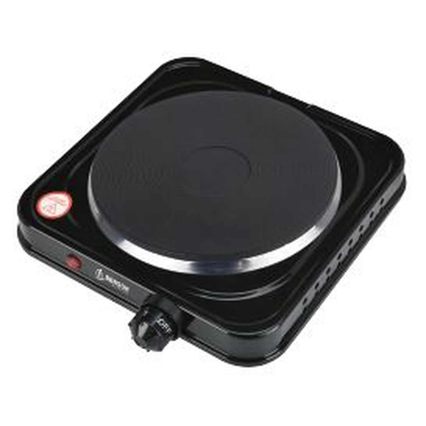 Elektrische Einzelkochplatte in schwarzer Farbe, von oben schräg fotografiert mit sichtbarem Temperaturregler und Heizelement.