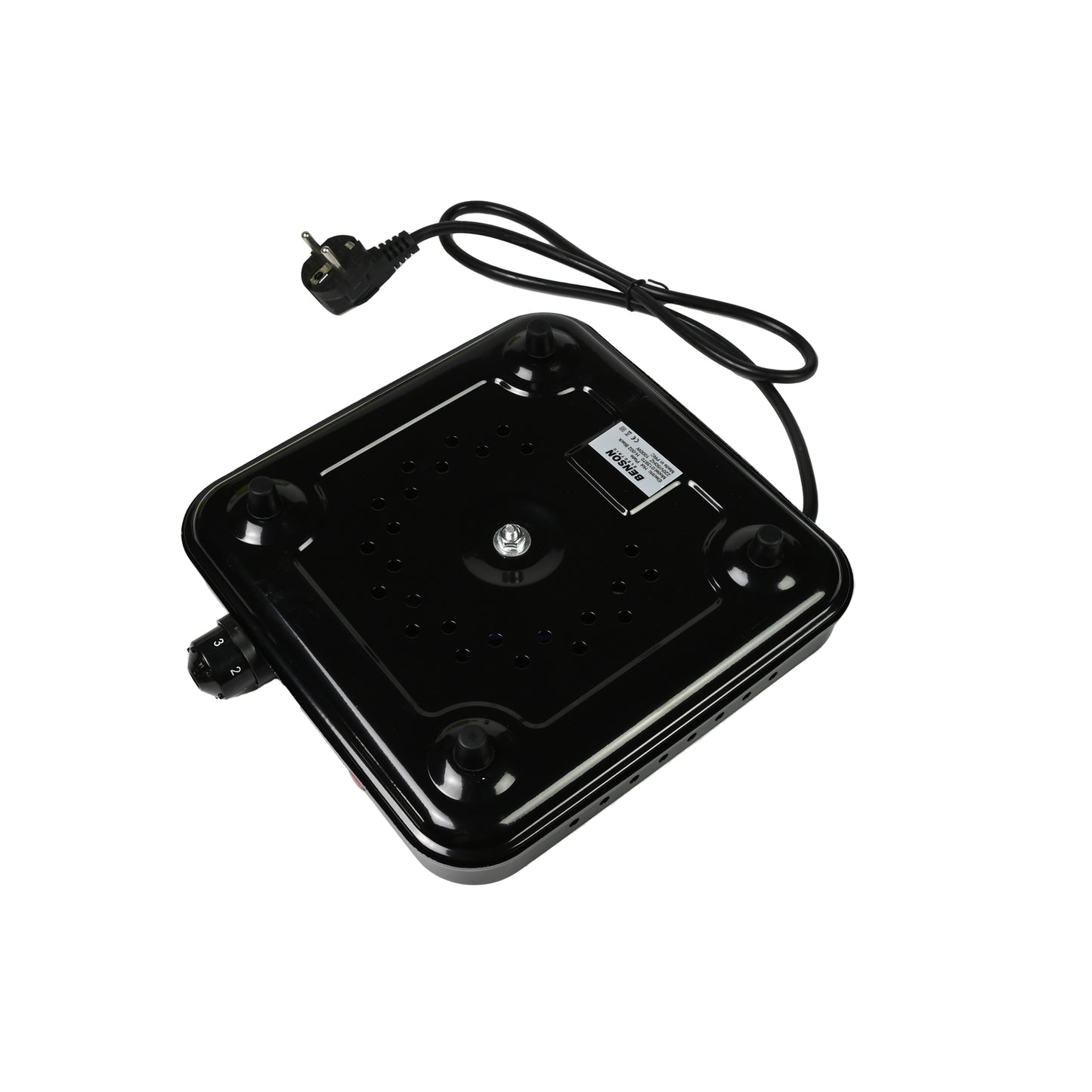 Unterseite der schwarzen Einzelkochplatte mit rutschfesten Füßen und Netzkabel mit Stecker, von oben gezeigt.