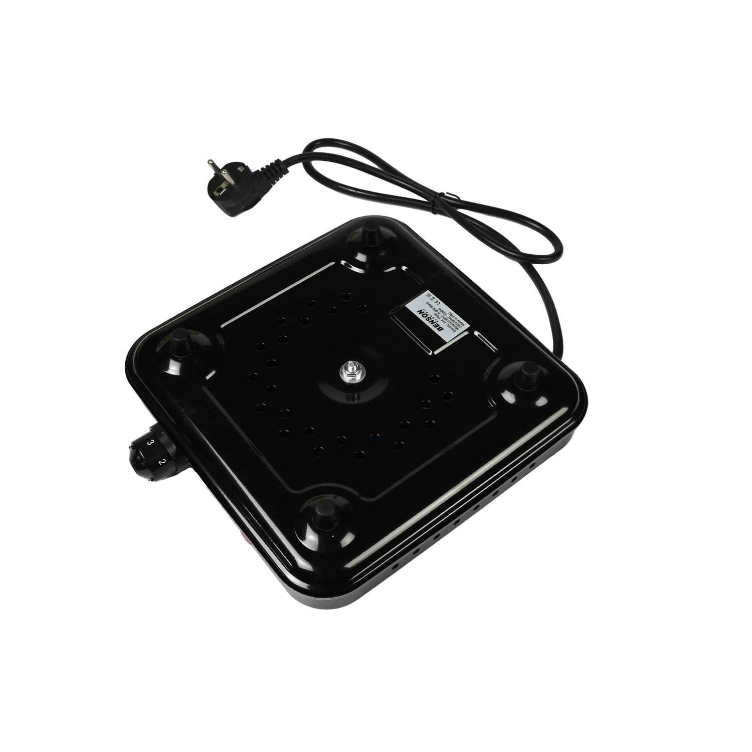 Unterseite der schwarzen Einzelkochplatte mit rutschfesten Füßen und Netzkabel mit Stecker, von oben gezeigt.