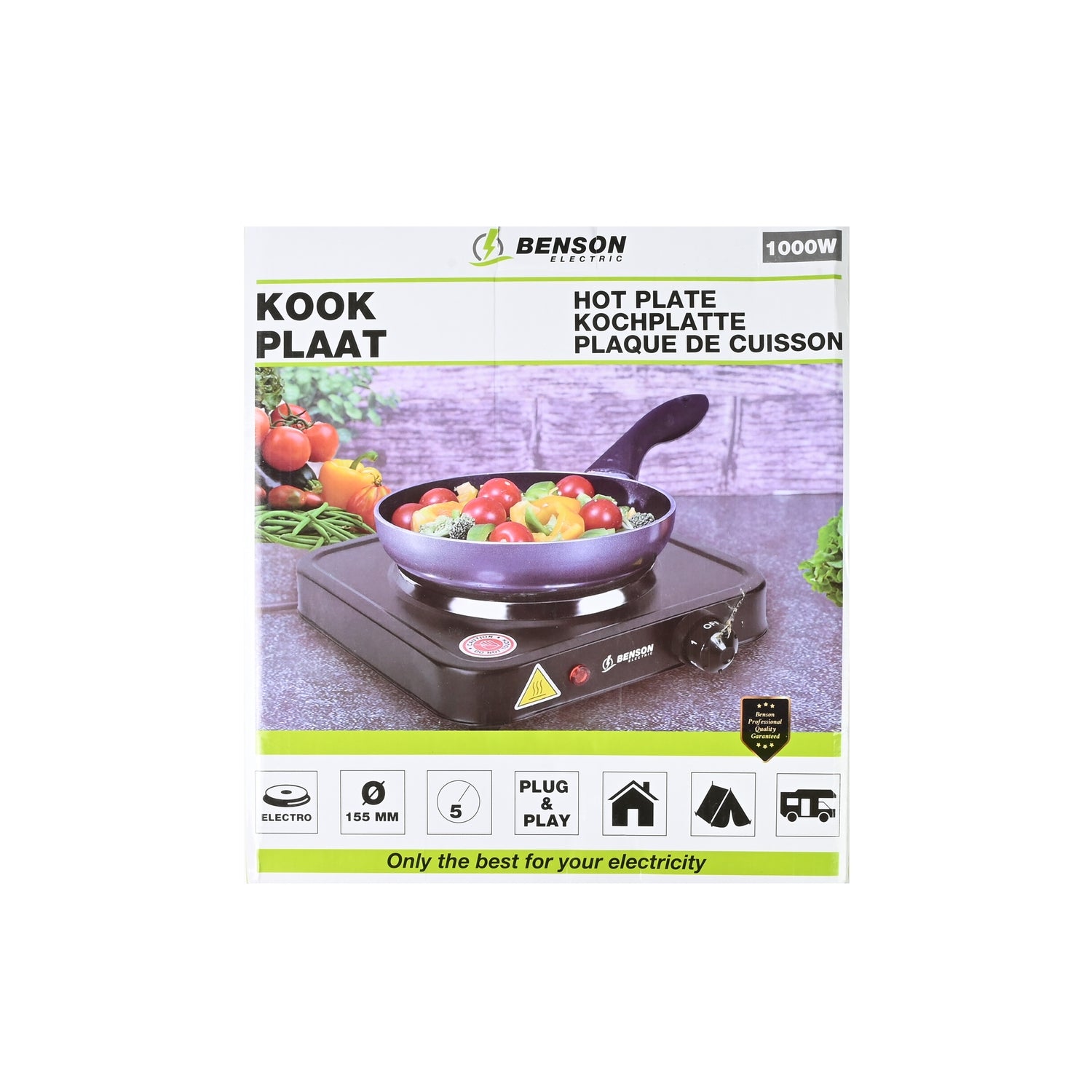 Verpackung einer elektrischen Einzelkochplatte mit Abbildung einer schwarzen Kochplatte und Pfanne mit Gemüse, Aufdruck „KOOKPLAAT 1000W“.