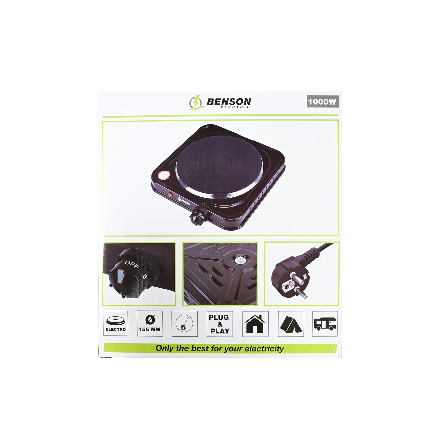 Rückseite der Verpackung mit Abbildung der schwarzen Kochplatte und Detailaufnahmen von Temperaturregler, Unterseite und Stromstecker.