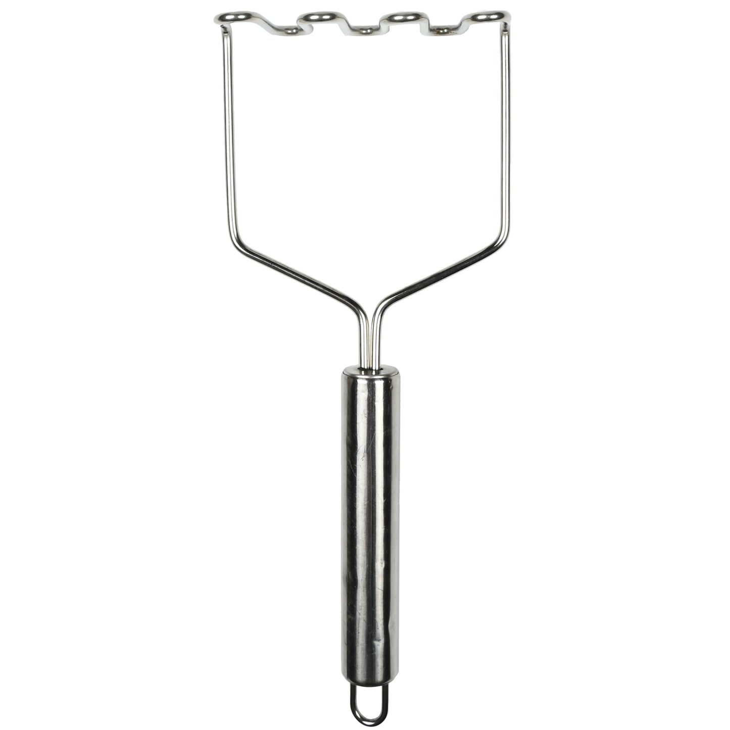Metallischer Kartoffelstampfer mit zylindrischem Griff und breiter, oben gewellter Drahtstampffläche, senkrecht auf weißem Hintergrund stehend.
