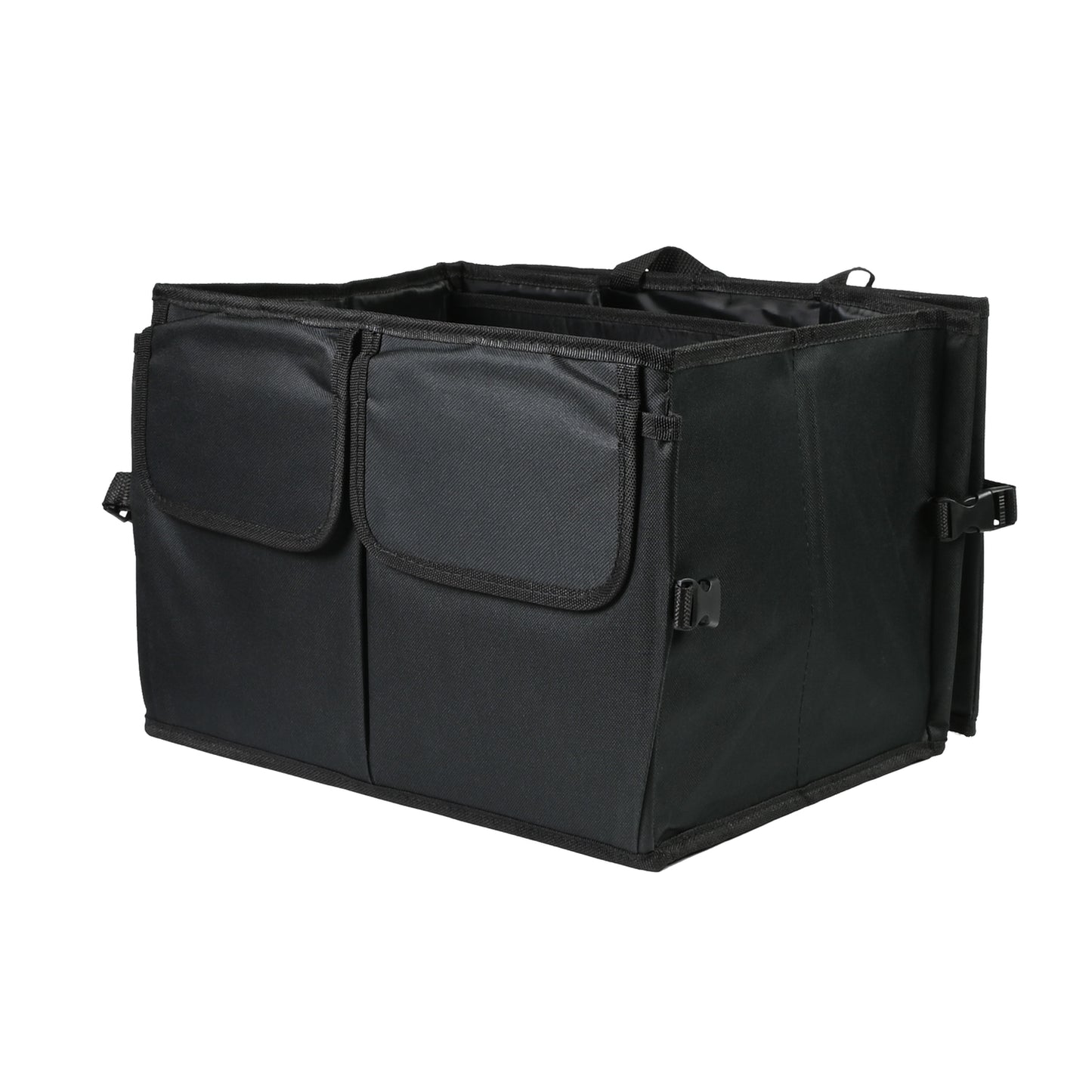Leerer, schwarzer Kofferraum-Organizer mit zwei vorderen Klappentaschen, rechteckiger Form und stabilen Seitenwänden.