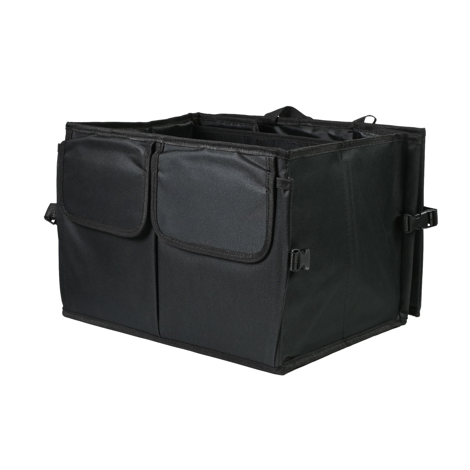 Leerer, schwarzer Kofferraum-Organizer mit zwei vorderen Klappentaschen, rechteckiger Form und stabilen Seitenwänden.