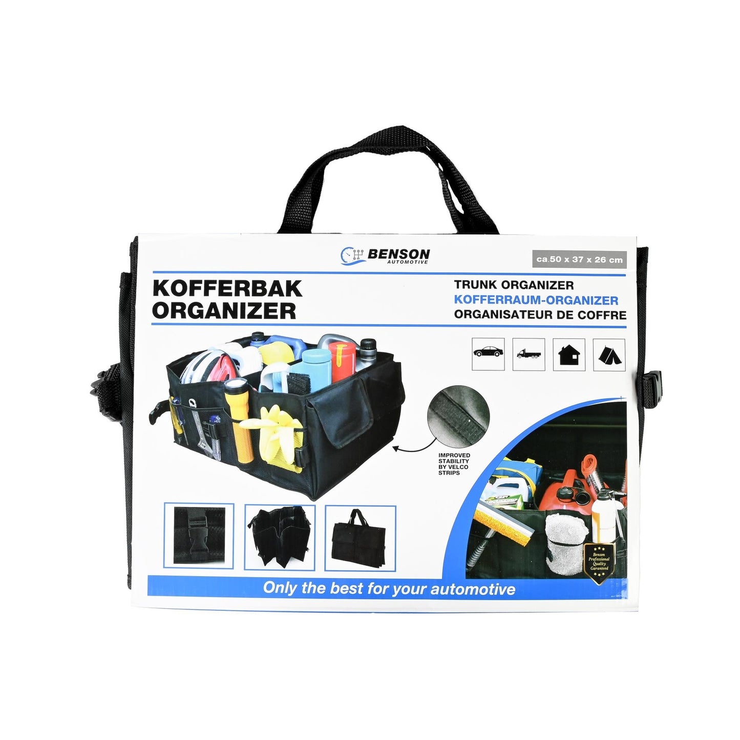 Verpackter Kofferraum-Organizer mit Produktetikett von „Benson Automotive“. Vorderseite zeigt Abbildungen und Funktionshinweise in mehreren Sprachen.