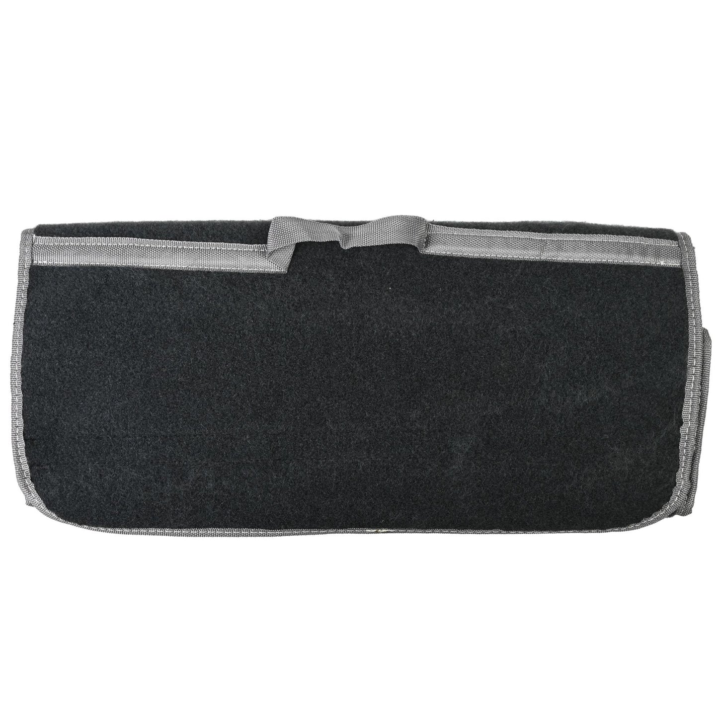 Geschlossene schwarze Filz-Aufbewahrungstasche mit grauer Umrandung und mittigem Tragegriff, von oben fotografiert.